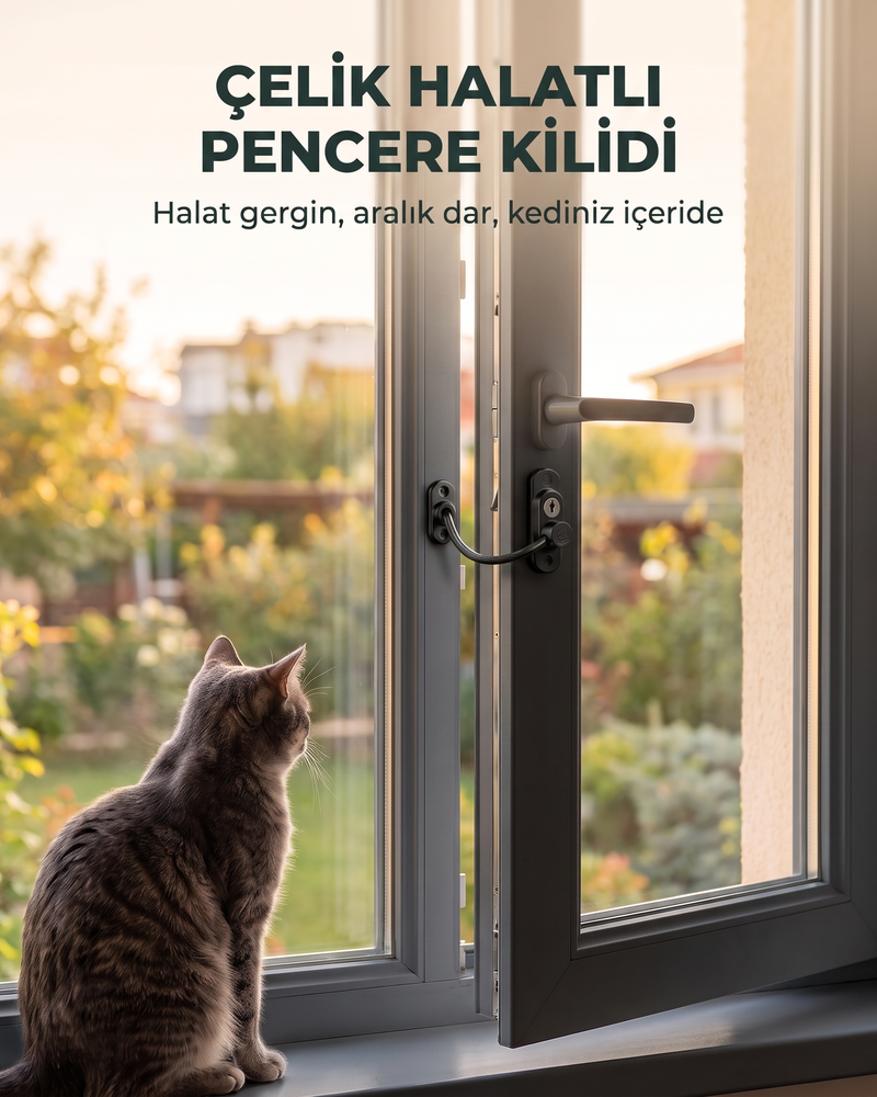 Çelik Halatlı Pencere Emniyet Kilidi (Kedi Güvenliği, Siyah)