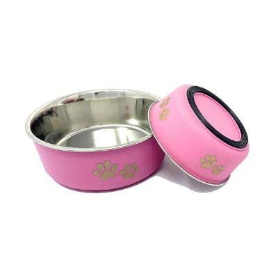 EuroDog Pati Desenli Çelik Kedi-Köpek Mama-Su Kabı 300 ml (Pembe)