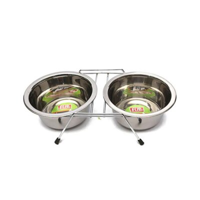 Flip Tel Stantlı Çelik İkili Kedi-Köpek Mama-Su Kabı 2 x 240 ml