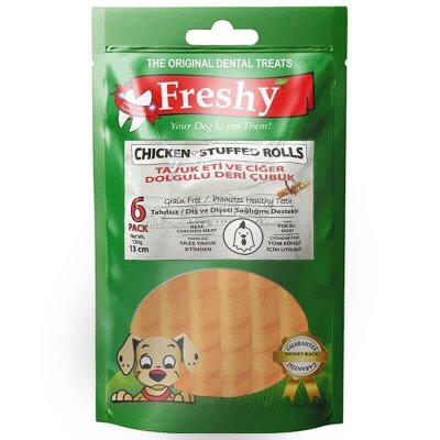 Freshy Tavuk ve Ciğer Dolgulu Deri Köpek Çiğneme Çubuğu 13 cm 6'lı