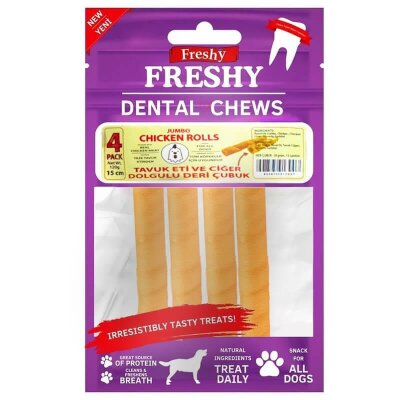 Freshy Tavuk ve Ciğer Dolgulu Deri Köpek Çiğneme Çubuğu 4'lü 120 gr