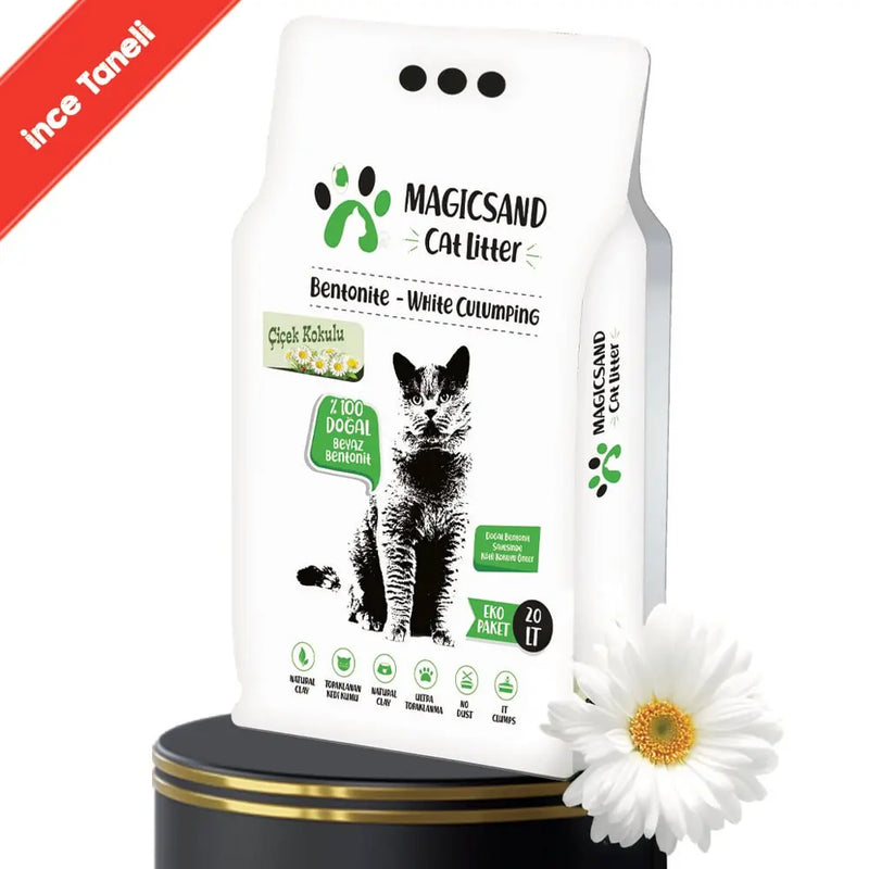 Çiçek Kokulu İnce Taneli 20 L Beyaz Bentonit Kedi Kumu