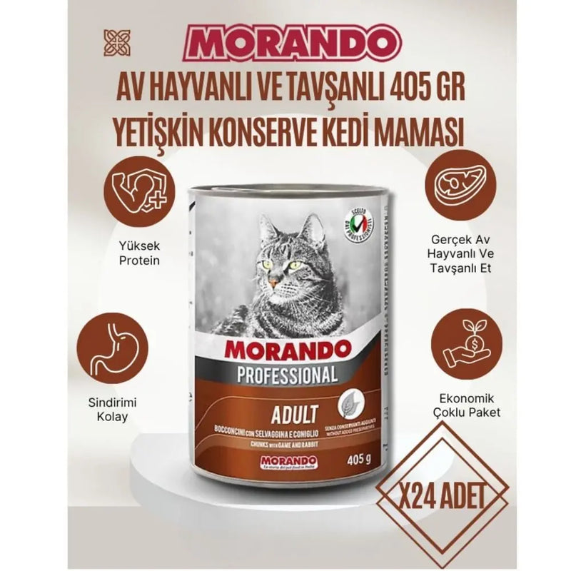 Morando Av Etli ve Tavşanlı Parçalı Konserve Kedi Maması 405 g x 24