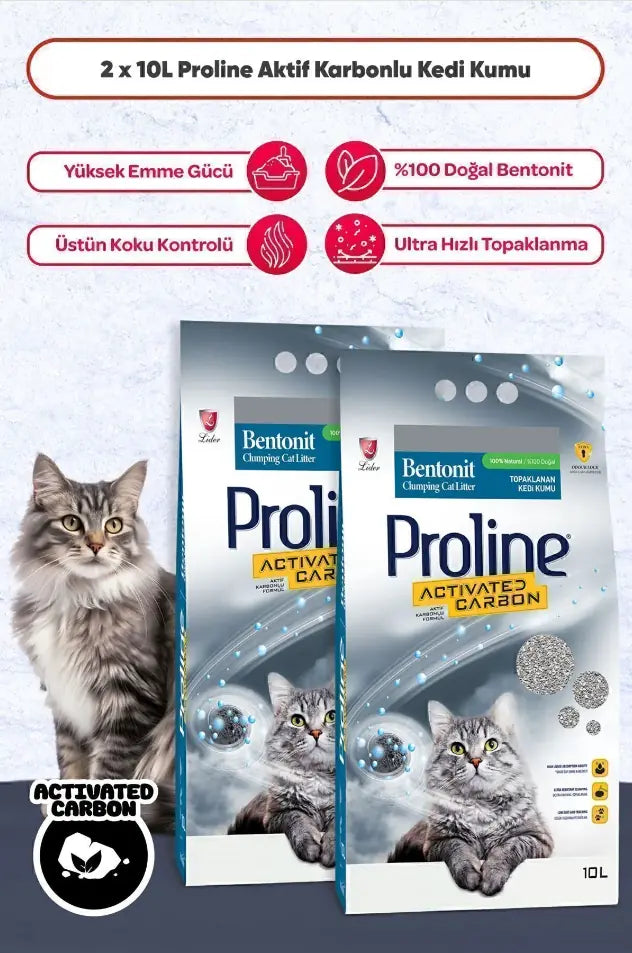 Proline Aktif Karbonlu Topaklanan Bentonit Kedi Kumu 10 L x 2