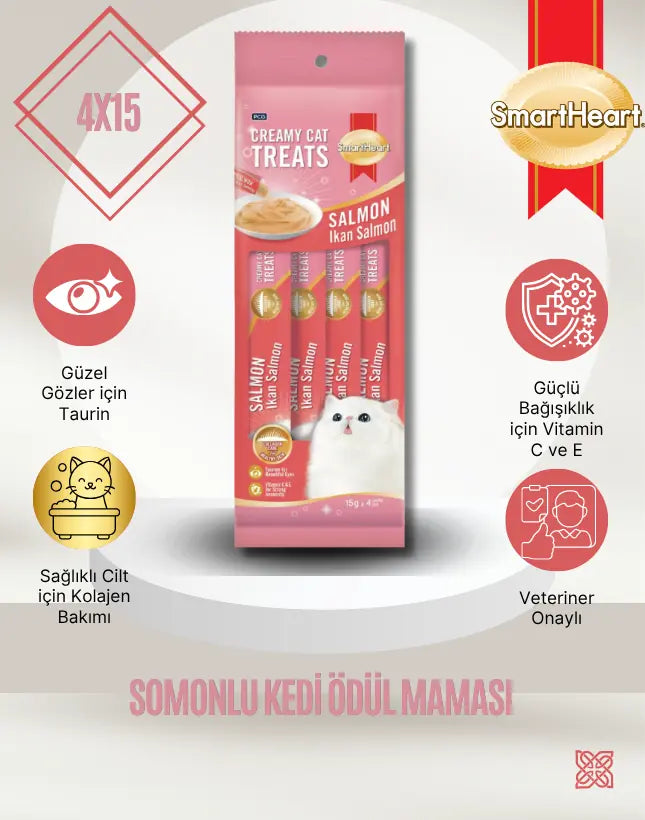 SmartHeart Gold Somonlu Kremalı Kedi Ödülü 4x15 g (Tahılsız)