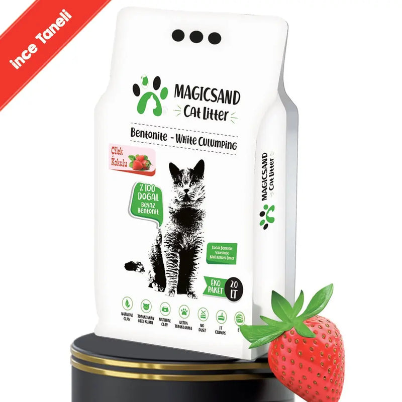 Çilek Kokulu İnce Taneli 20 L Beyaz Bentonit Kedi Kumu