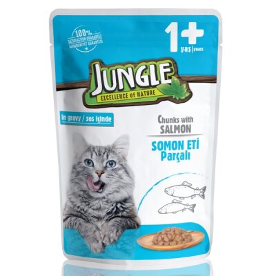 Jungle Pouch Soslu Parçalı Somonlu Yetişkin Kedi Yaş Maması 100 gr