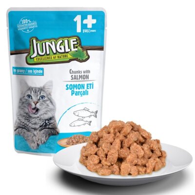 Jungle Pouch Soslu Parçalı Somonlu Yetişkin Kedi Yaş Maması 100 gr