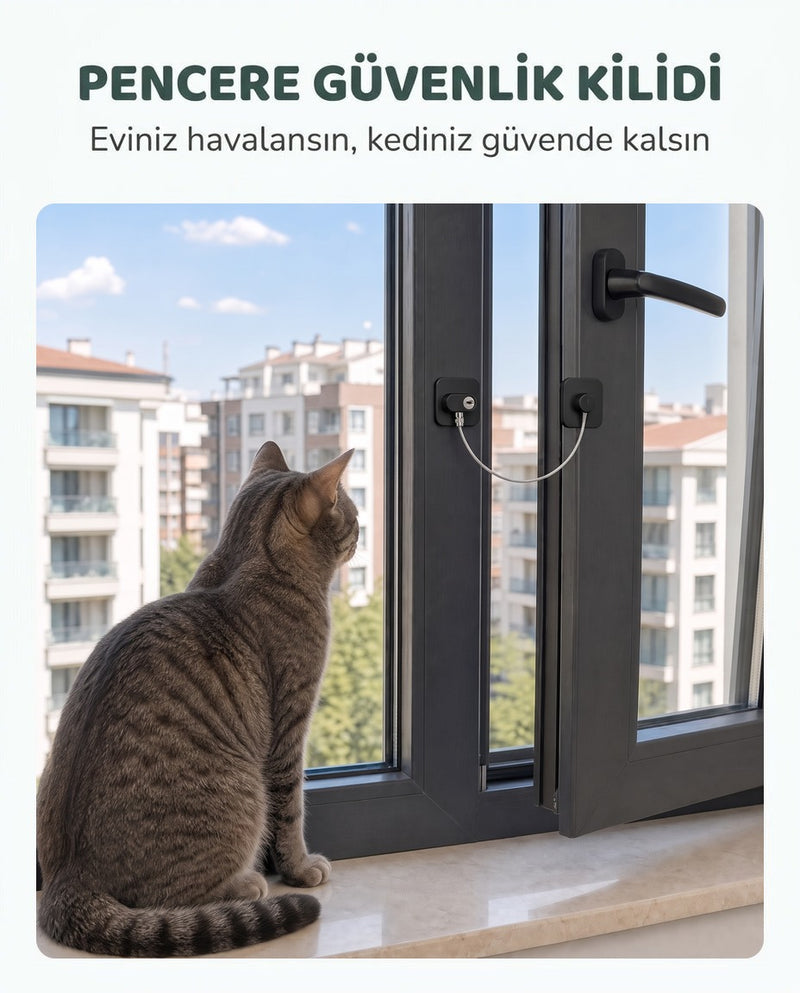 Pencerenin sabit kasasına ve açılan kanadına takılı siyah halatlı kilit, pencere önünde oturan tekir kedi