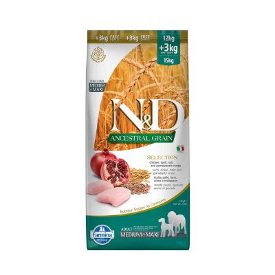 N&D Düşük Tahıllı Tavuk Narlı Köpek Maması 12 kg + 3 kg