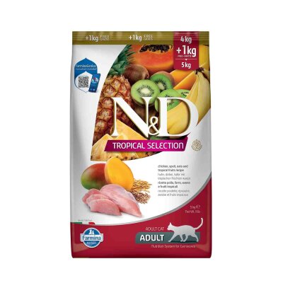 N&D Tavuklu Tropikal Meyveli Az Tahıllı Yetişkin Kedi Maması 4+1 kg