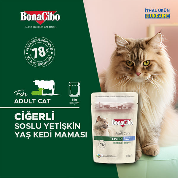 BonaCibo Soslu Ciğerli %78 Etli Yetişkin Kedi Pouch Maması 85 gr x 12