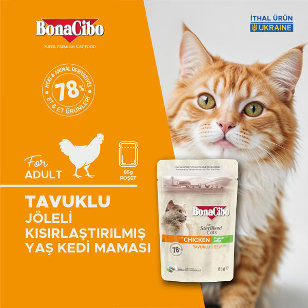 BonaCibo Jöleli Tavuklu Kısırlaştırılmış Kedi Pouch Maması 85 gr x 12