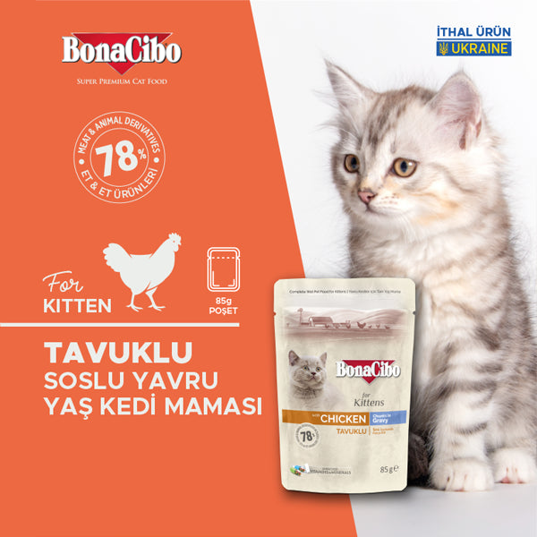 BonaCibo Soslu Tavuklu Yavru Kedi Pouch Maması 85 gr x 12