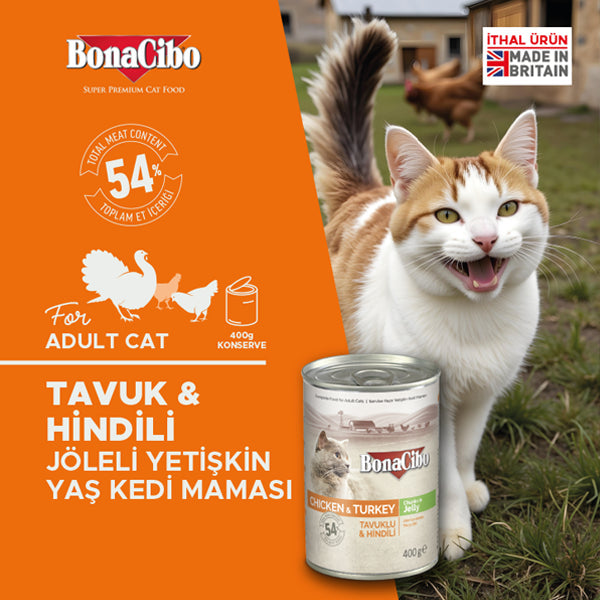 BonaCibo Jöleli Tavuk ve Hindili Yetişkin Kedi Yaş Maması 400 gr x 12