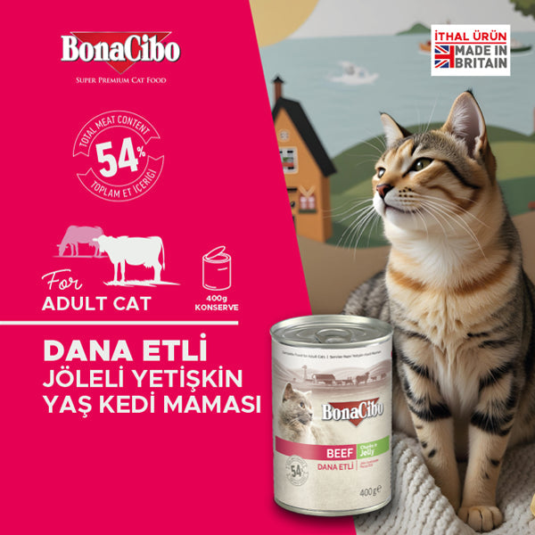 BonaCibo Jöleli Dana Etli Yetişkin Kedi Yaş Maması 400 gr x 12
