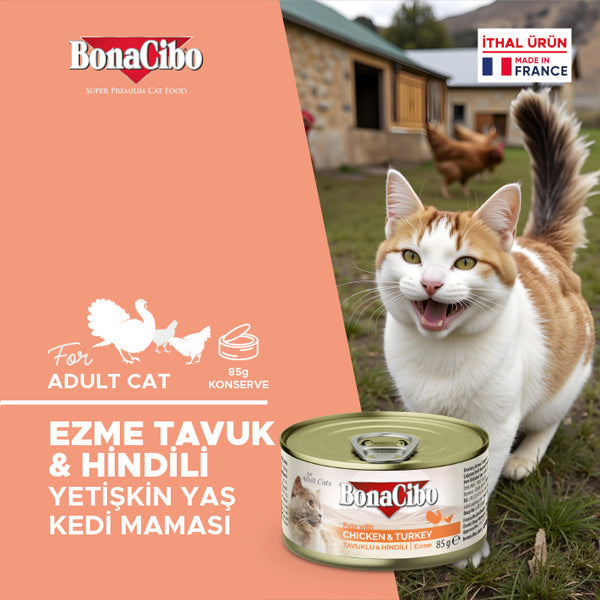 BonaCibo Ezme Tavuk ve Hindili Kedi Yaş Maması 85 gr x 12