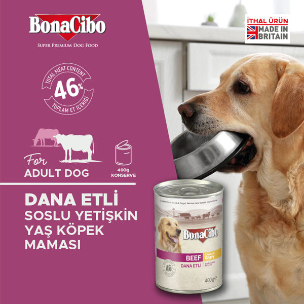 BonaCibo Soslu Dana Etli Yetişkin Köpek Yaş Maması 400 gr x 12