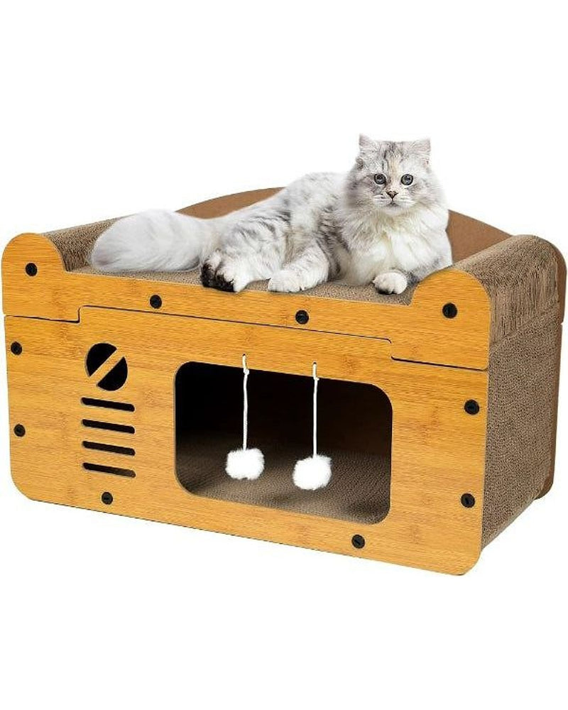 Tırmalamalı Yuvalı Tek Katlı Ahşap Kedi Oyun Evi