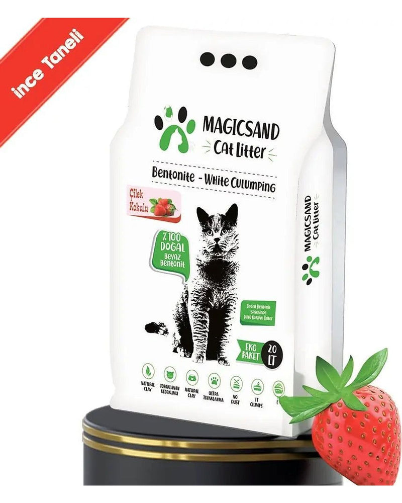 Çilek Kokulu İnce Taneli 20 L Beyaz Bentonit Kedi Kumu