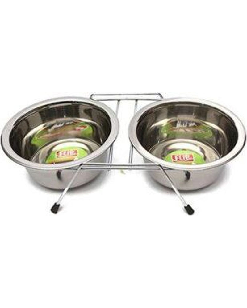 Flip Tel Stantlı Çelik İkili Kedi-Köpek Mama-Su Kabı 2 x 240 ml