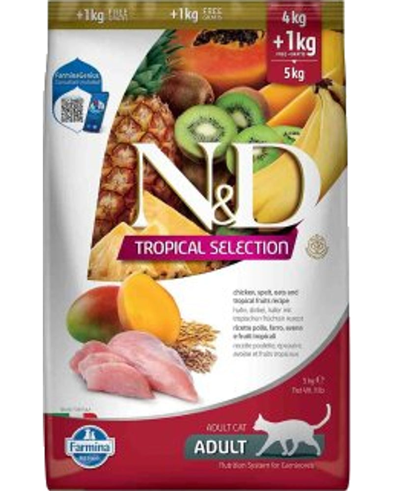 N&D Tavuklu Tropikal Meyveli Az Tahıllı Yetişkin Kedi Maması 4+1 kg