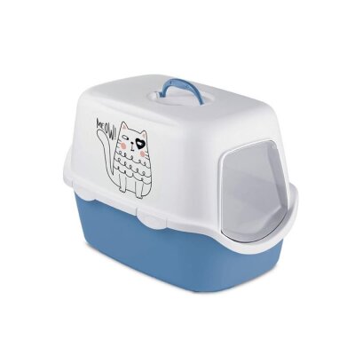 Stefanplast Griffe Desenli Kapalı Kedi Tuvaleti Mavi/Beyaz