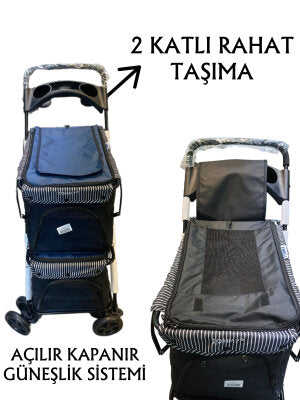 Tommy İki Katlı Tekerlekli Evcil Hayvan Arabası (Lacivert, 10+10 kg)