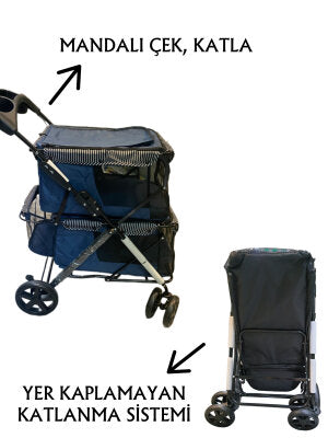 Tommy İki Katlı Tekerlekli Evcil Hayvan Arabası (Lacivert, 10+10 kg)
