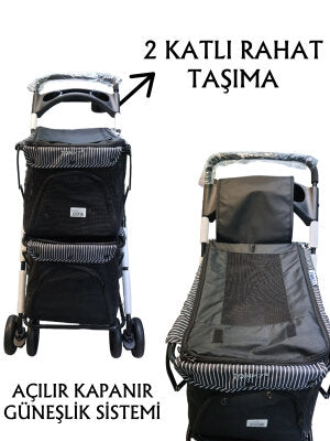 Tommy İki Katlı Tekerlekli Evcil Hayvan Arabası (Siyah, 10+10 kg)