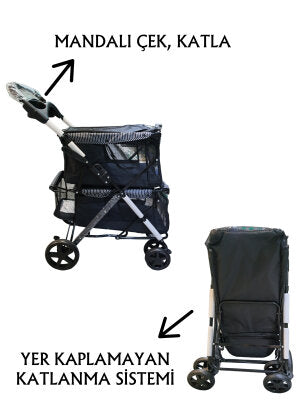 Tommy İki Katlı Tekerlekli Evcil Hayvan Arabası (Siyah, 10+10 kg)
