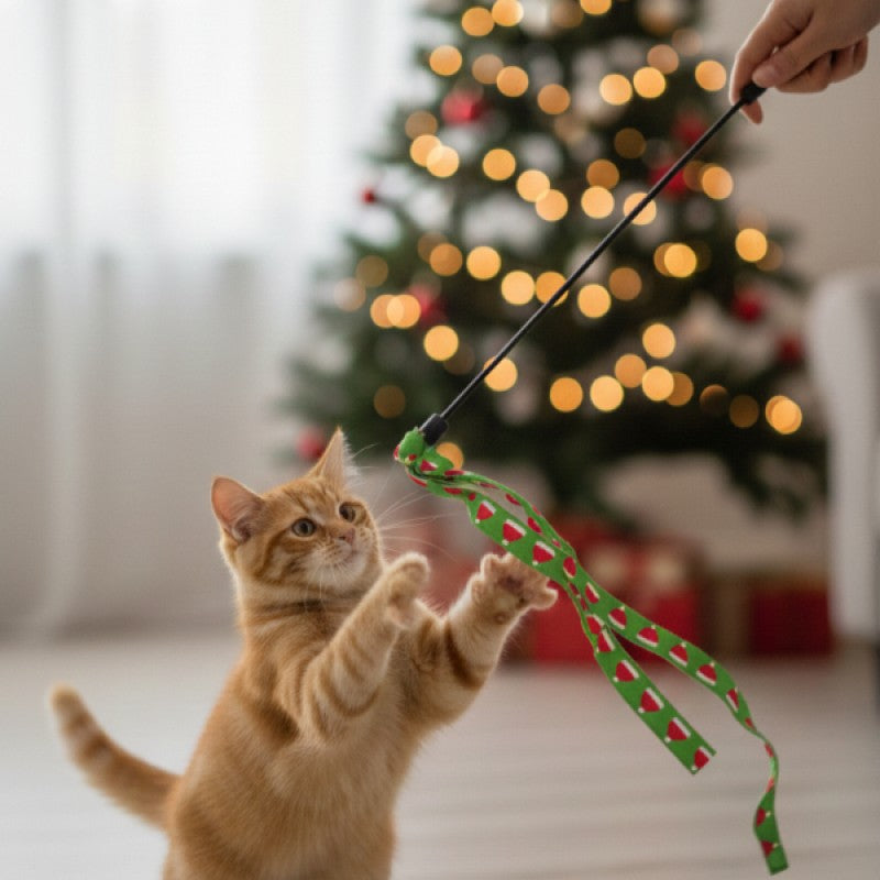 Hareketli Kumaş Şeritli Yılbaşı Temalı Kedi Oltası